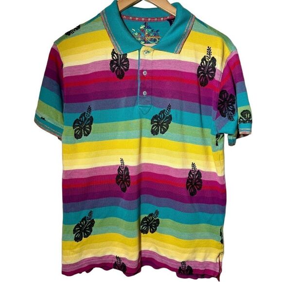 Robert Graham Hibiscus Tropical Bright Stripe Knit Polo Shirt Men’s Small - Picture 1 of 5